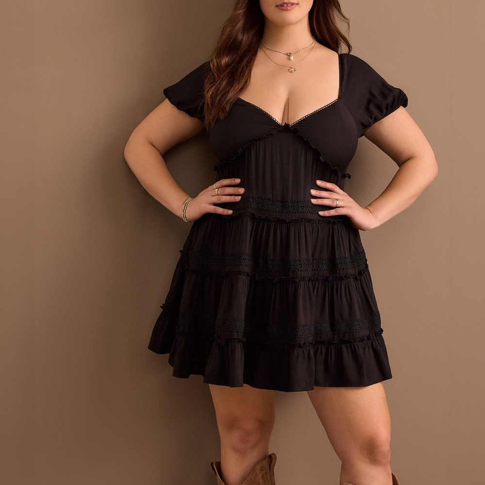 ARULA Black Mini Sundress with Puff Sleeves and Plunge Neckline